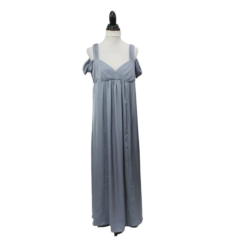 Azazie Blue Gray Satin Gown Size 14 Romantic Cinderella Prom Dress Cold Shoulder